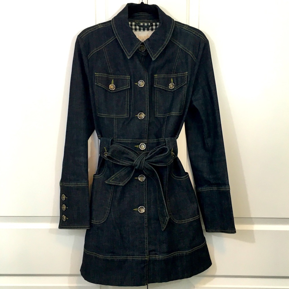 Vintage dark denim trench coat with belt